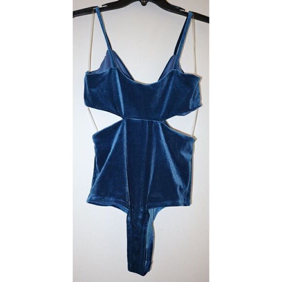 Just Polly JK11705-MA Juniors Sz M Blue Velvet Side Cutout Bodysuit - Picture 2 of 5